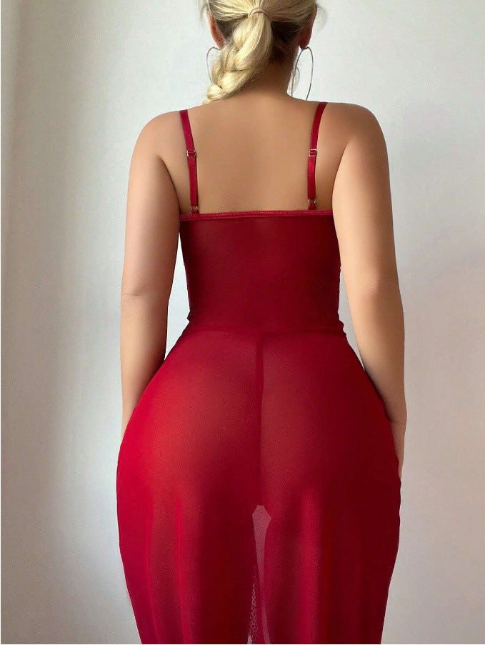 Sexy lace hollow-out one-piece pajamas, see-through mesh lingerie set for intimate moments
