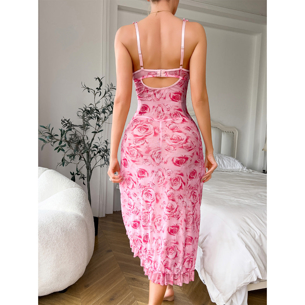 Sexy lingerie with rose prints, see - through long - dress for women's pajamas, two - piece set with thong