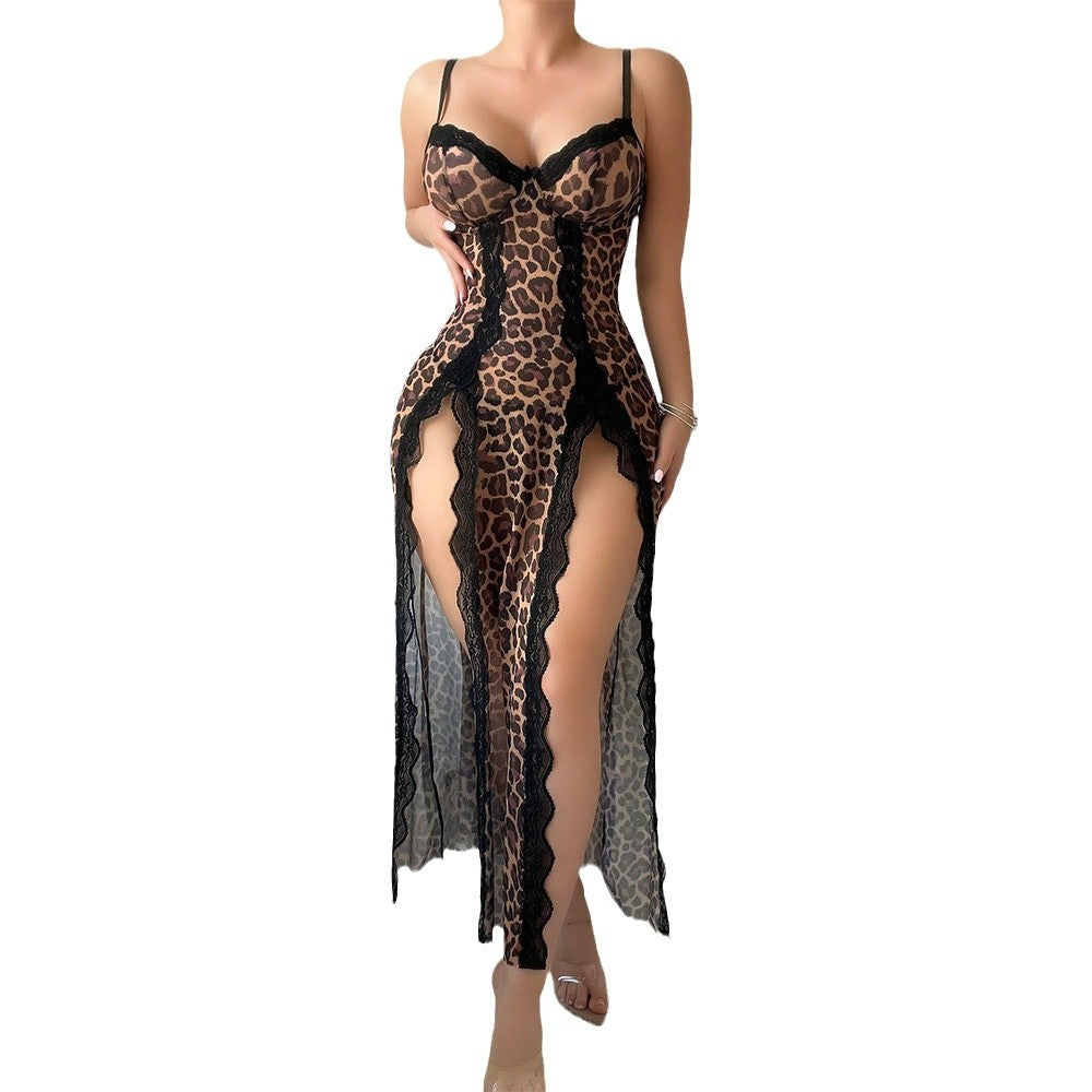 Sexy lingerie, leopard print see - through long dress, passionate uniform, pajamas, thong 2 - piece set