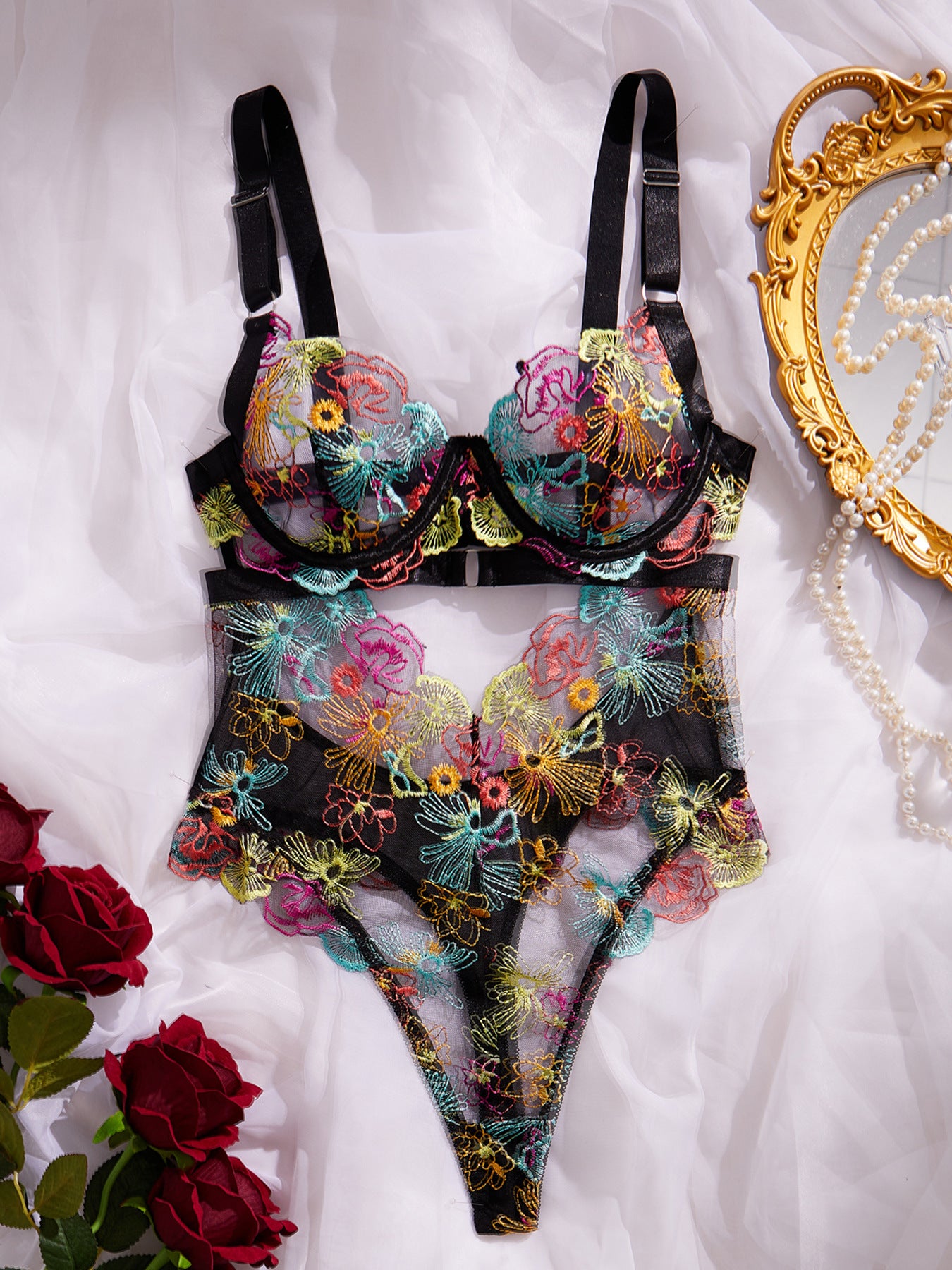 Color embroidery sexy French lace underwire push-up and waist - shaping body - slimming bodysuit