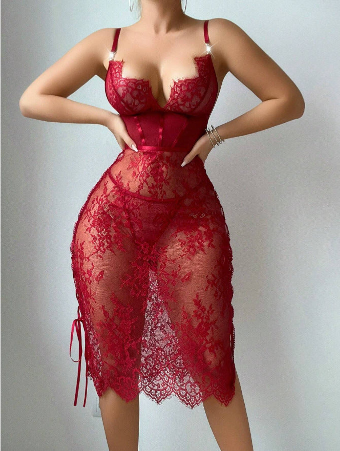 Lace hollow-out red sexy breast-baring and hip-hugging lingerie dress for women