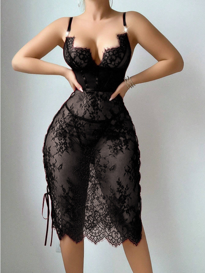 Lace hollow-out red sexy breast-baring and hip-hugging lingerie dress for women
