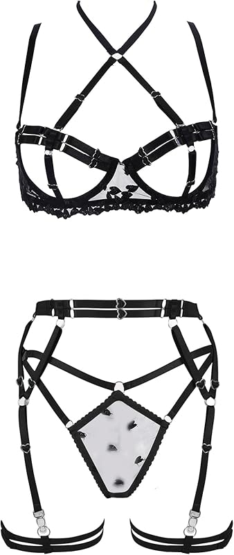 Women's Strappy 4-Piece Lingerie Set Punk Body Harness Garter Belts Gothic Festival Wear bras