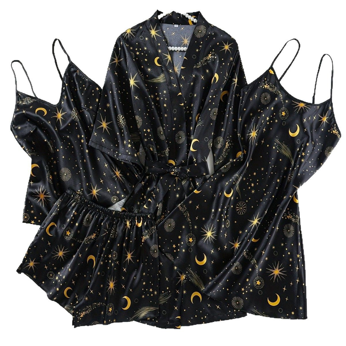 Wholesale European and American Style Imitation Silk Nightgown Black Homewear Four-Piece Set Fashionable Comfortable Lace Trim Pajama Set for Women