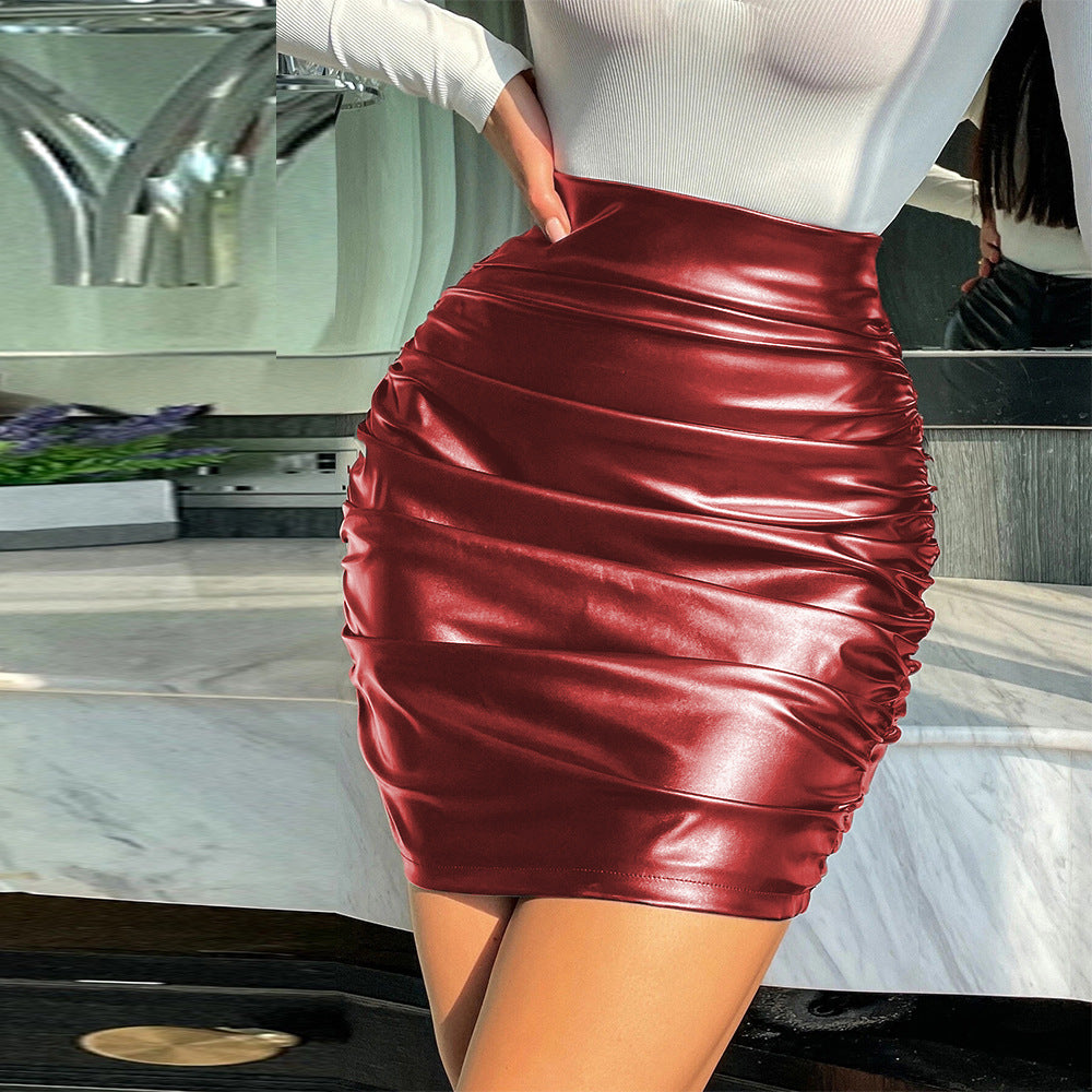 Women's Plus Size Ruched Leather Skirt, Sexy Tight Bodycon Skirt, Faux Leather Short Skirt S-XXL