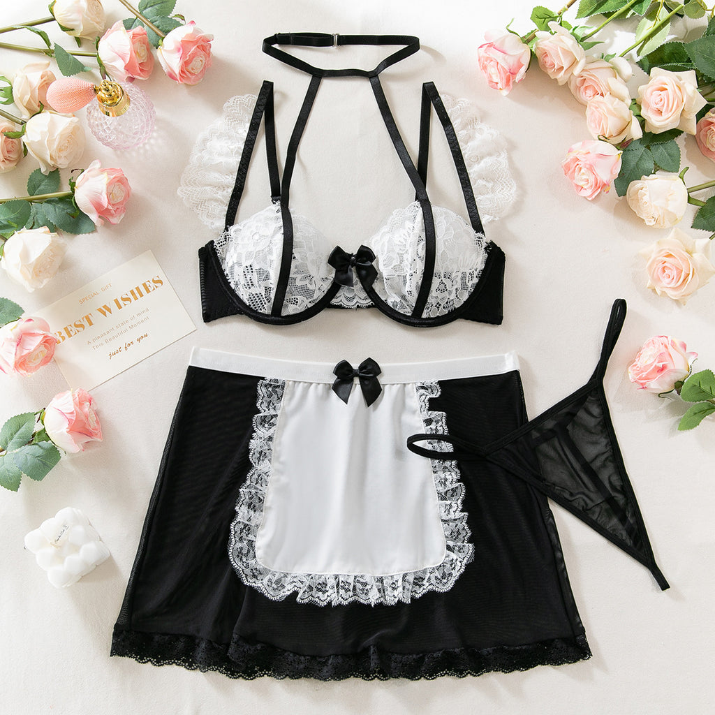 Sexy See-through Erotic Lingerie, Bow Halter Lace Contrast Color Cosplay Set, Maid Costume