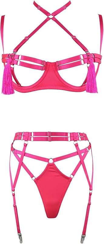 Women's Strappy 4-Piece Lingerie Set Punk Body Harness Garter Belts Gothic Festival Wear bras