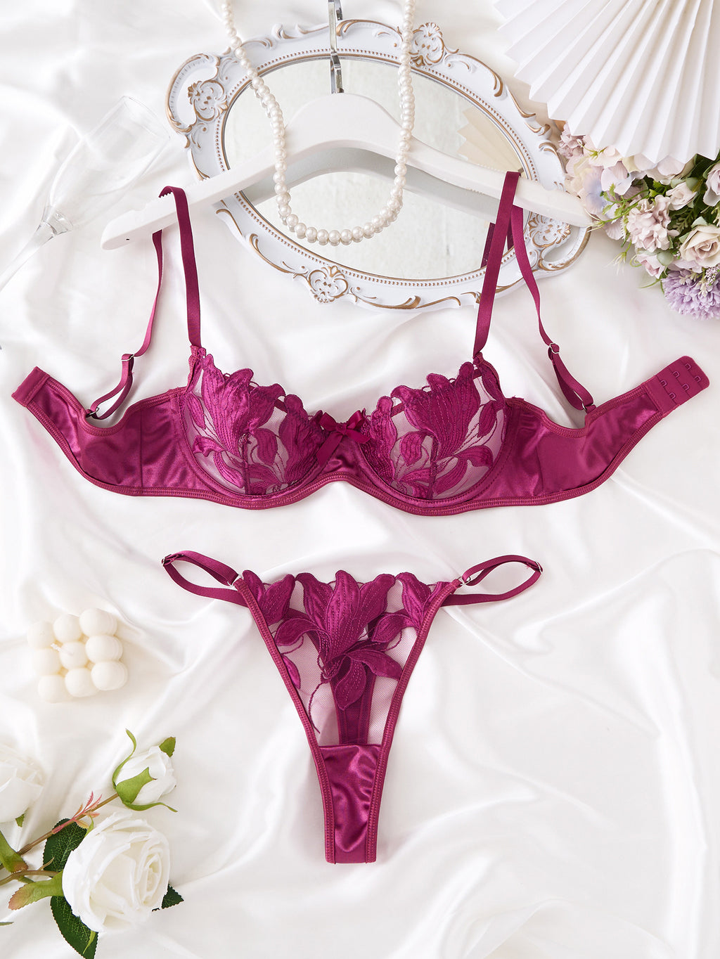 Women's Sweet Lace Embroidery Mesh See-through Sexy Lingerie, Fashion Sexy Lingerie 2-piece Set
