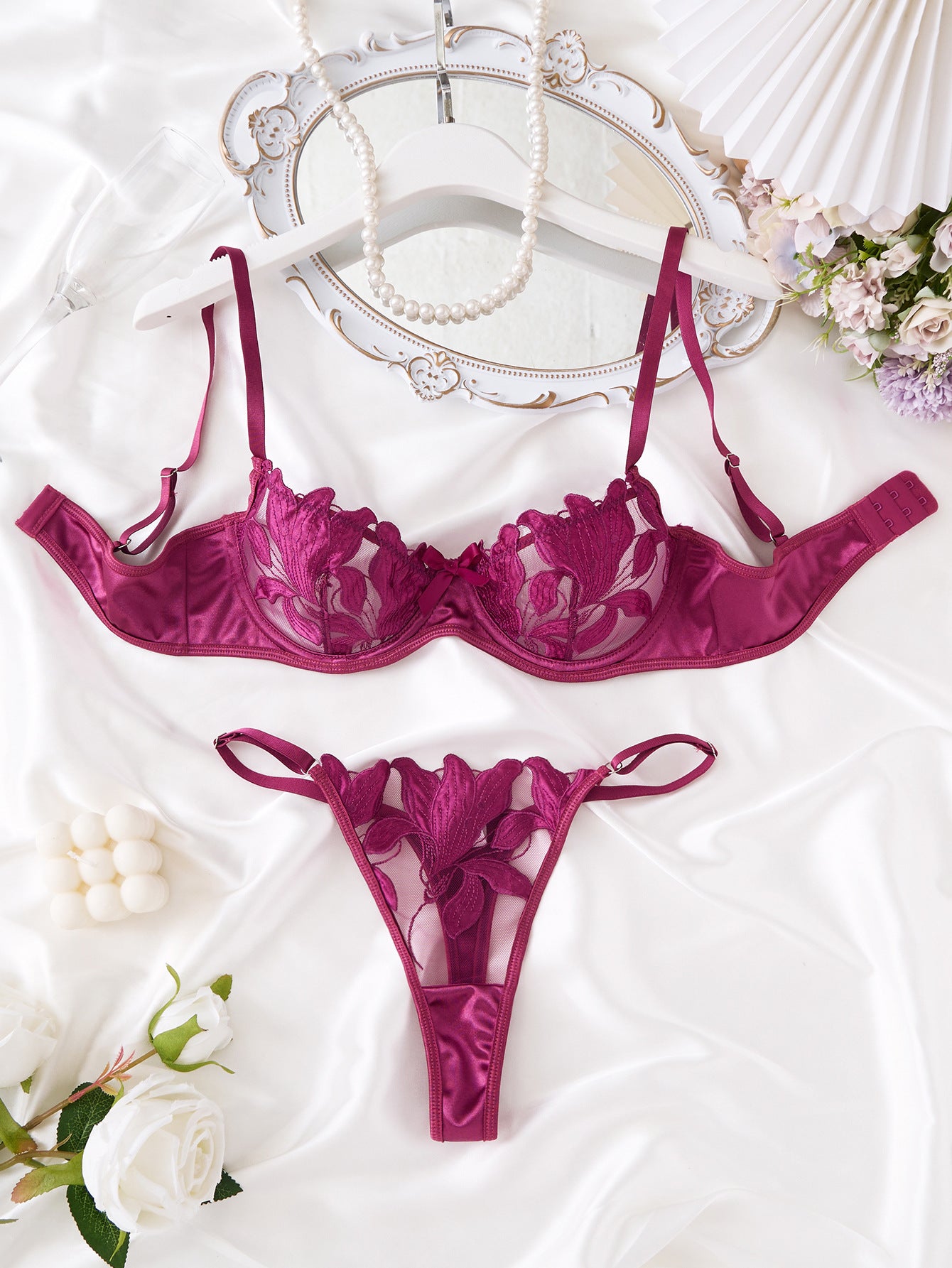 Women's Sweet Lace Embroidery Mesh See-through Sexy Lingerie, Fashion Sexy Lingerie 2-piece Set
