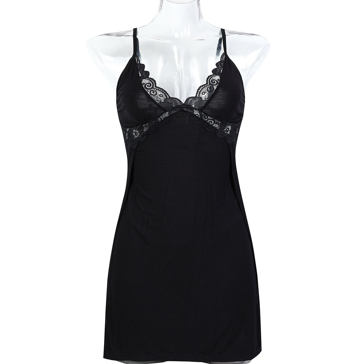 Black Lace Patchwork Modal Cotton High Slit Sexy Strap Nightdress Two-Piece Set, Loungewear