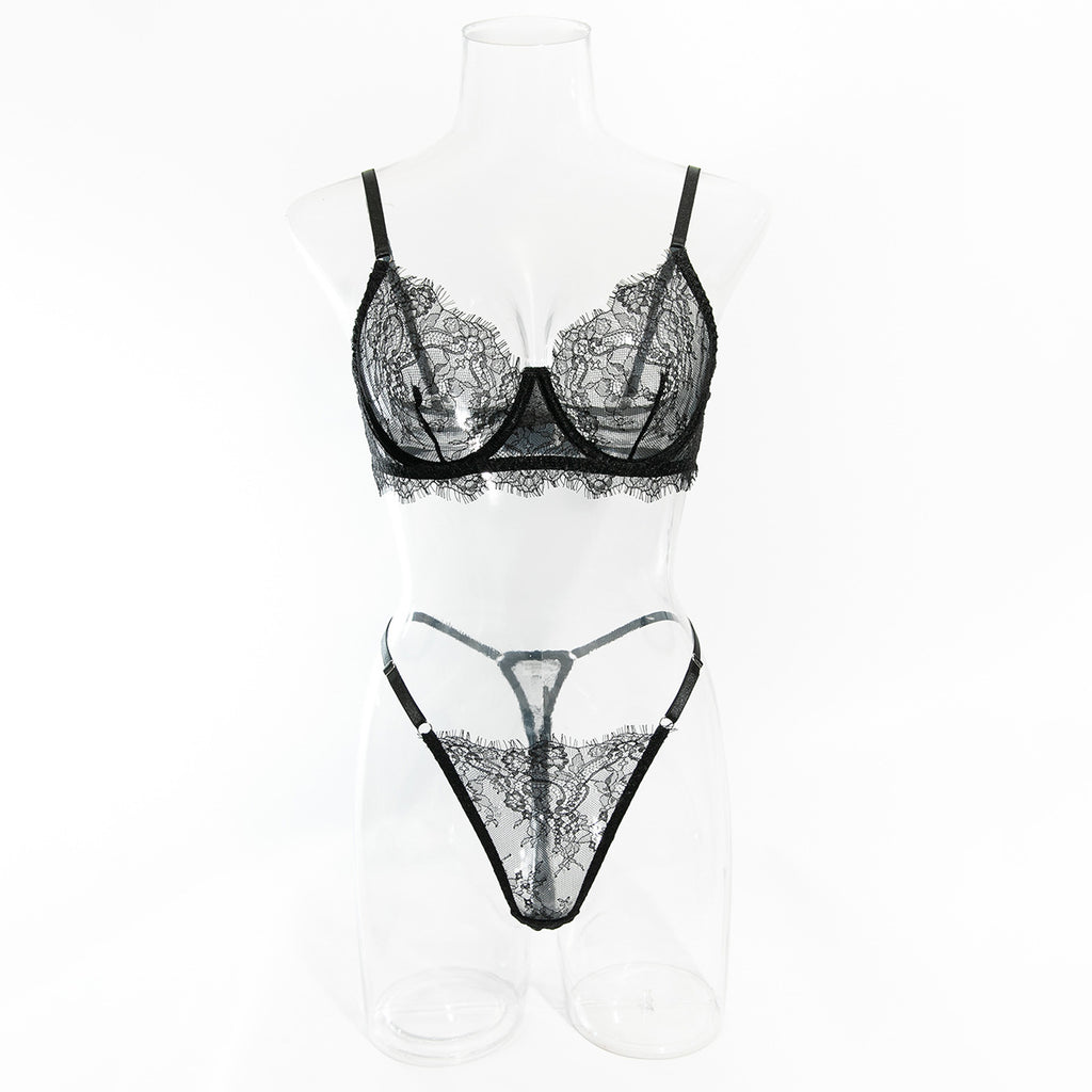 Women's Thin Lace Underwire Push-Up Bra, Sexy Lingerie 2-Piece Set