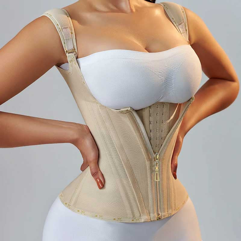 Women's Zipper Double Layer Steel Bone Tight Waist Shaping Top, Tummy Control Latex Shaping Vest XS-XXXL