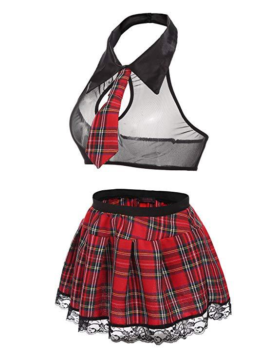 Women's Costume Sexy Lingerie Set Cosplay Top and Plaid Skirt Outfit