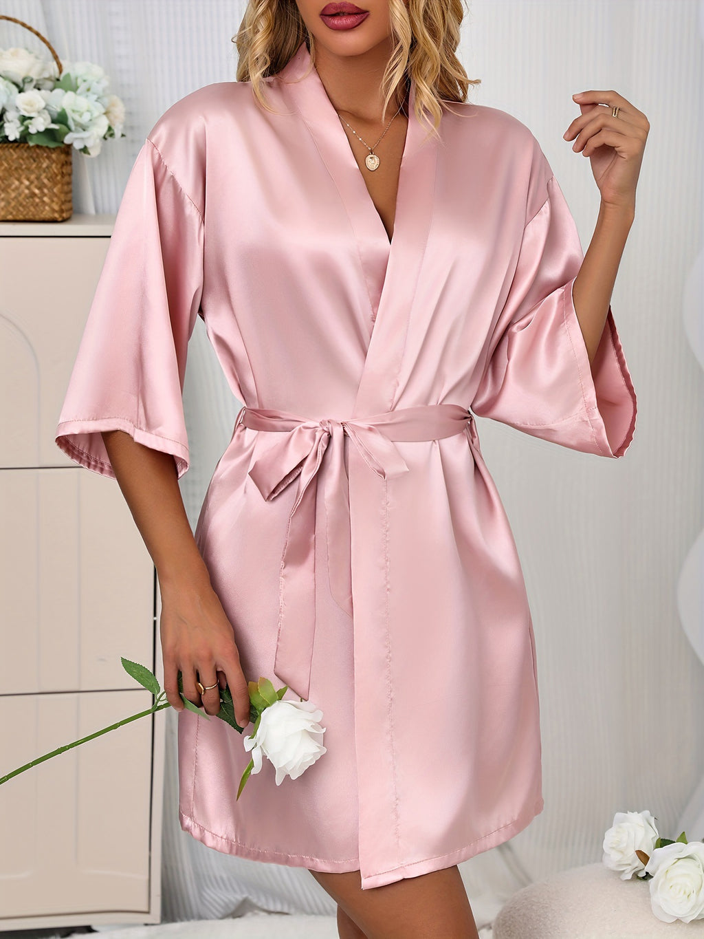 Women's Solid Color Sexy Comfortable Loungewear, Autumn Winter Half Sleeve Nightgown Bathrobe