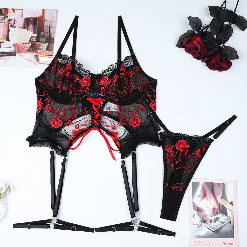 Floral embroidered lace-up sexy lingerie, three-piece sexy set
