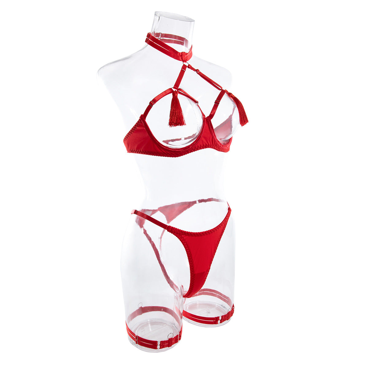 Women's Sexy Hollow Out Chest-Exposing Tassel Lingerie Set, Tempting Halter Neck Open-Crotch Lingerie