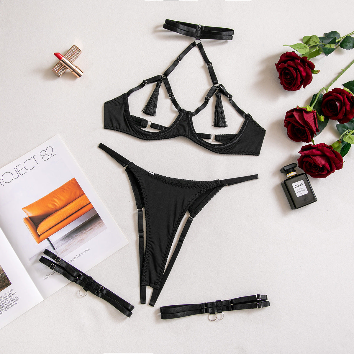 Women's Sexy Hollow Out Chest-Exposing Tassel Lingerie Set, Tempting Halter Neck Open-Crotch Lingerie