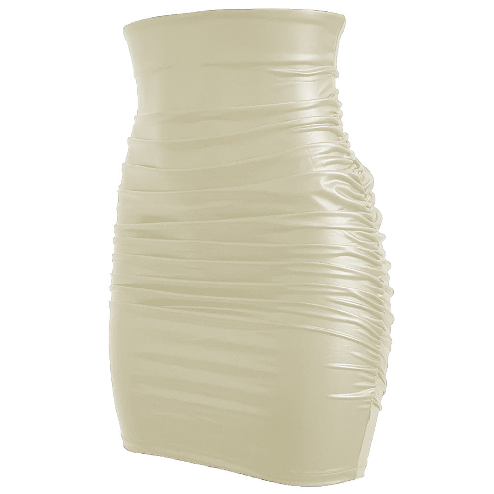 Women's Plus Size Pleated Faux Leather Skirt，Sexy Tight Bodycon Dress，Off-shoulder Short Dress S-XXL