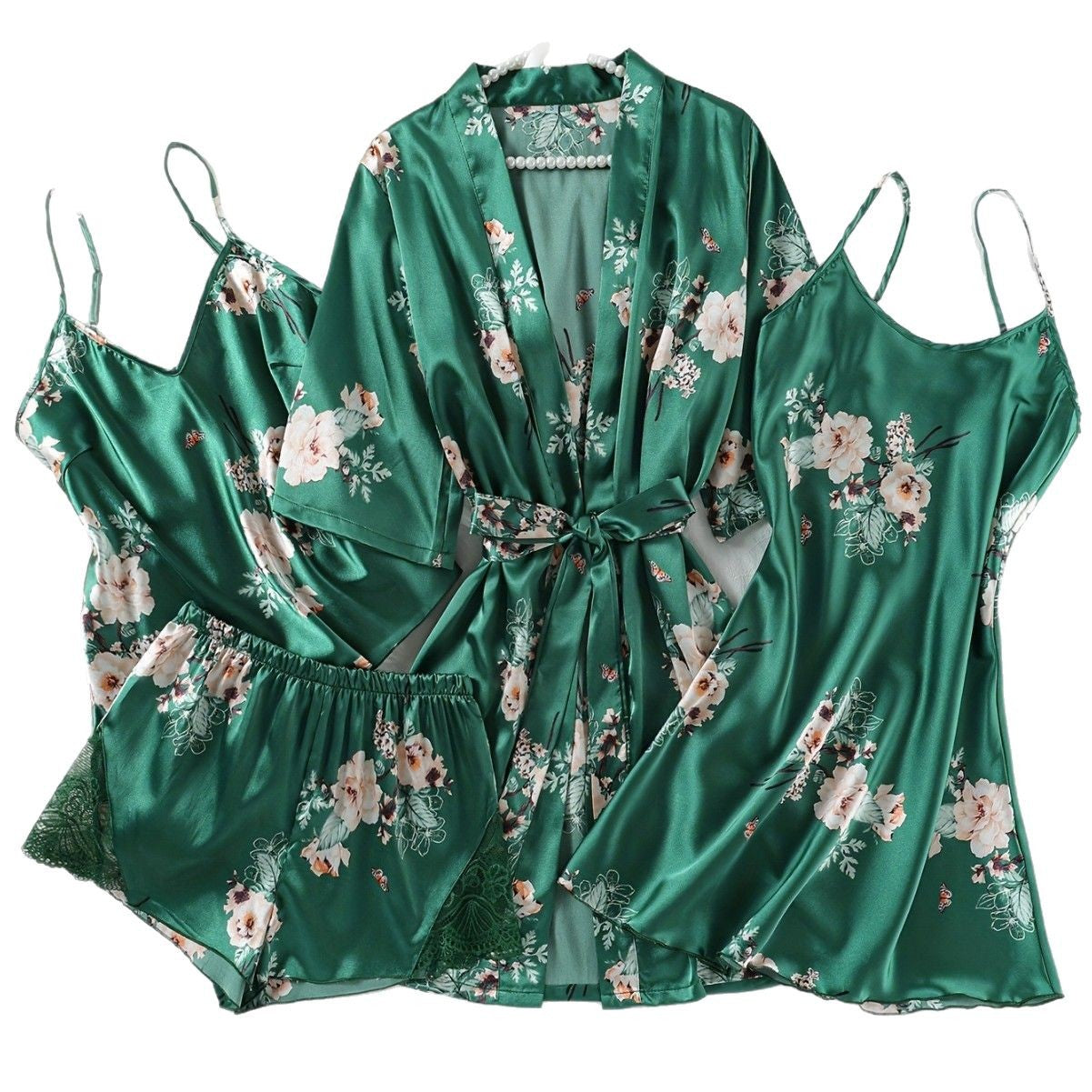 Women's Artificial Silk Camisole Pajamas Nightdress Nightgown Four-Piece Set, Sexy Lace Thin Homewear Suit