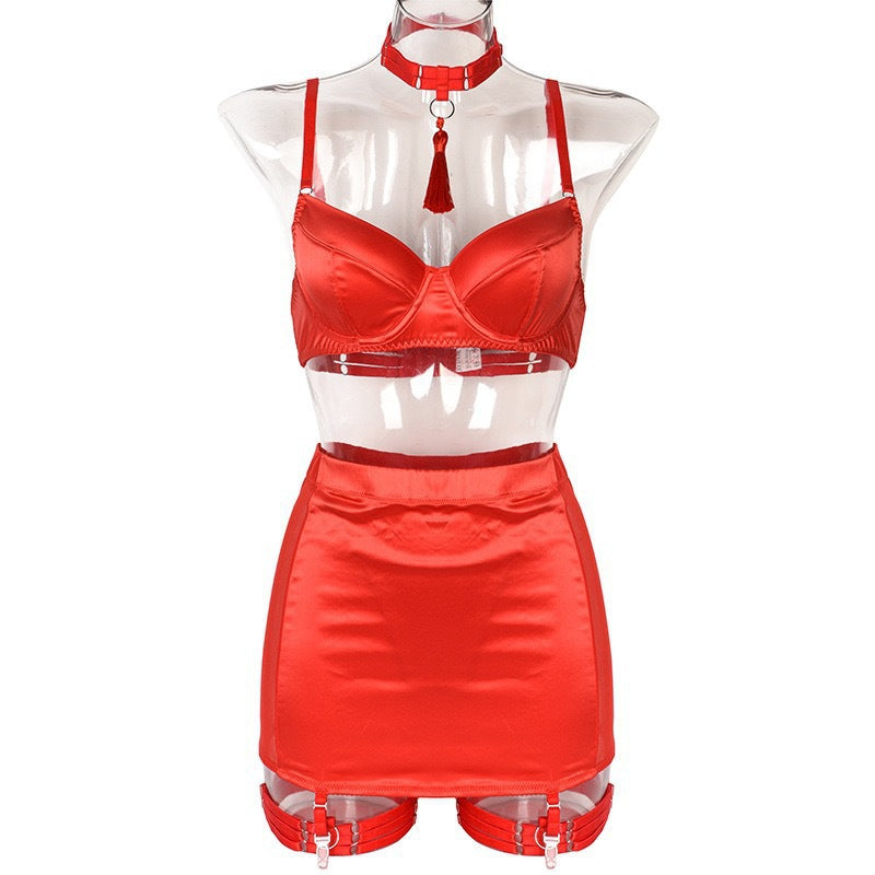 Women's Sexy Tassel  Satin Patchwork Mesh Bodycon Dress with Gloves Two-Piece Temptation Sexy Lingerie Set