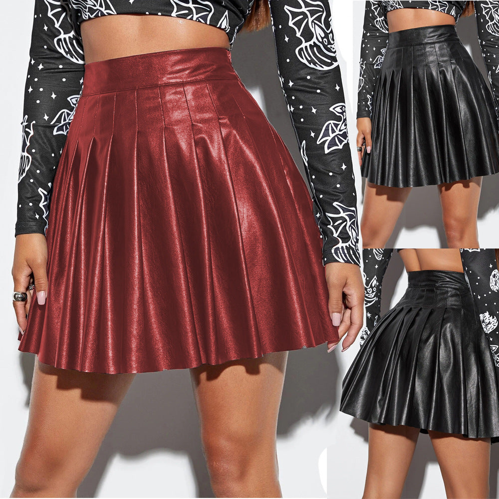 Women's Plus Size Faux Leather Mini Skirt, Sexy Knee-Length Pleated Skirt, Nightclub Hot Mini Skirt
