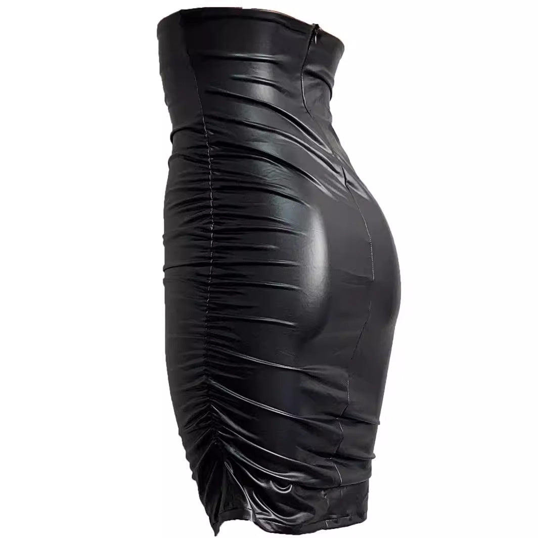 Women's Plus Size Pleated Faux Leather Skirt，Sexy Tight Bodycon Dress，Off-shoulder Short Dress S-XXL