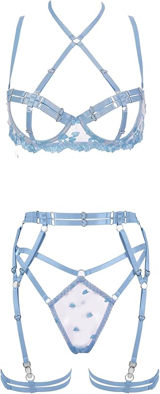 Women's Strappy 4-Piece Lingerie Set Punk Body Harness Garter Belts Gothic Festival Wear bras