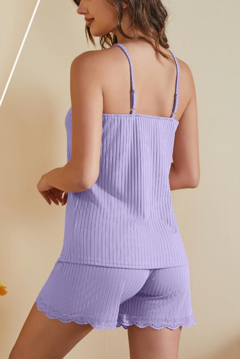 Women's Camisole Shorts Set, Lace Trim Solid Color Casual Loungewear for Women