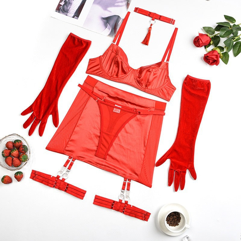 Women's Sexy Tassel  Satin Patchwork Mesh Bodycon Dress with Gloves Two-Piece Temptation Sexy Lingerie Set