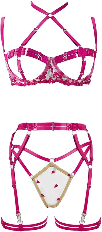 Women's Strappy 4-Piece Lingerie Set Punk Body Harness Garter Belts Gothic Festival Wear bras