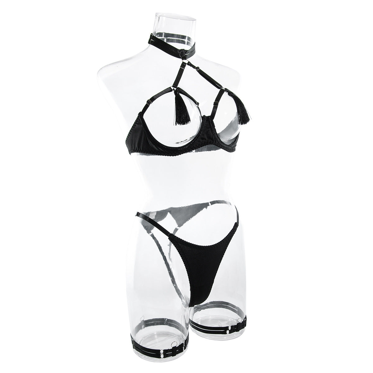 Women's Sexy Hollow Out Chest-Exposing Tassel Lingerie Set, Tempting Halter Neck Open-Crotch Lingerie