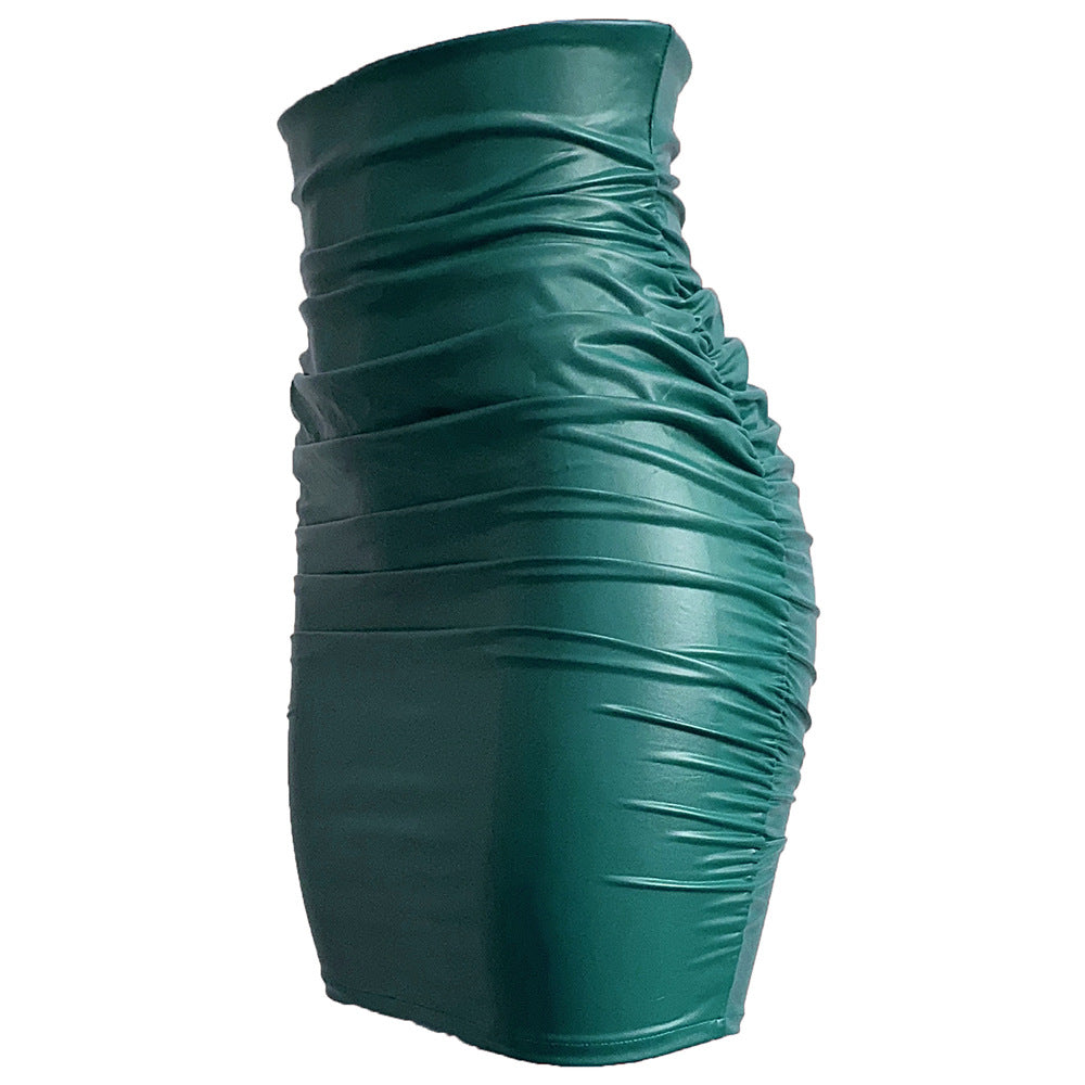 Women's Plus Size Pleated Faux Leather Skirt，Sexy Tight Bodycon Dress，Off-shoulder Short Dress S-XXL