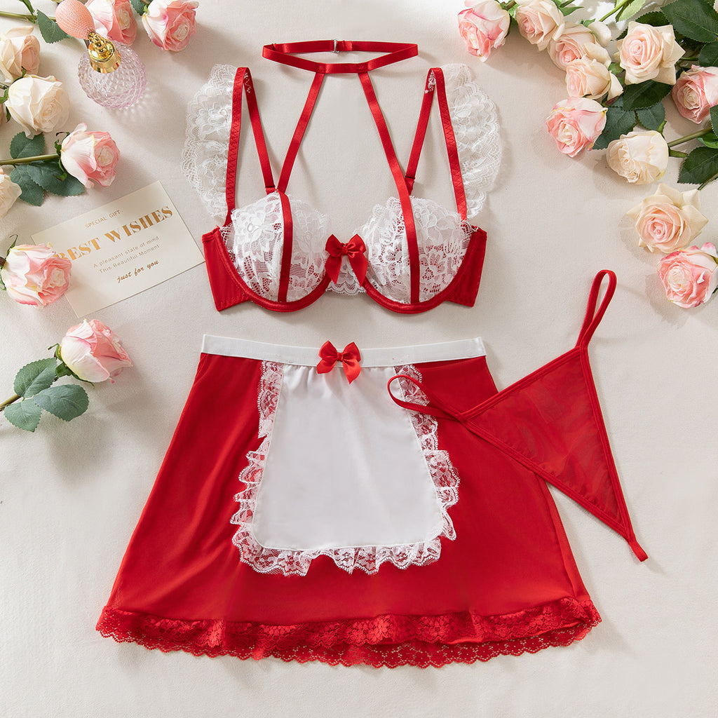 Sexy See-through Erotic Lingerie, Bow Halter Lace Contrast Color Cosplay Set, Maid Costume