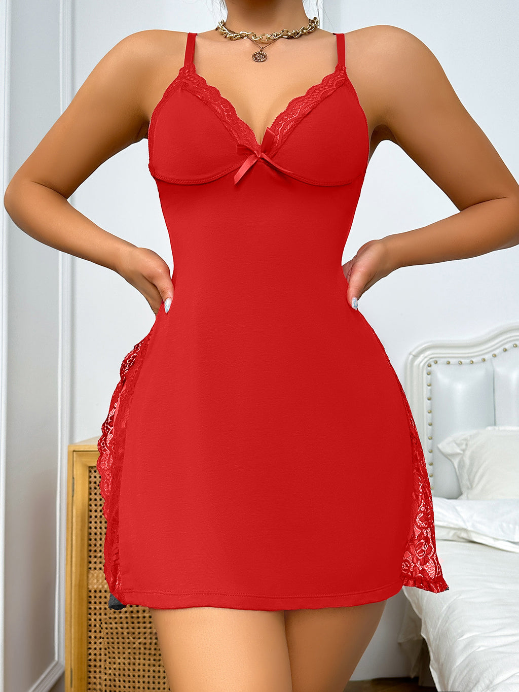 Women's Lace Bow Decorated Split Nightdress, Sexy Elegant Strap Loungewear, S-XXL