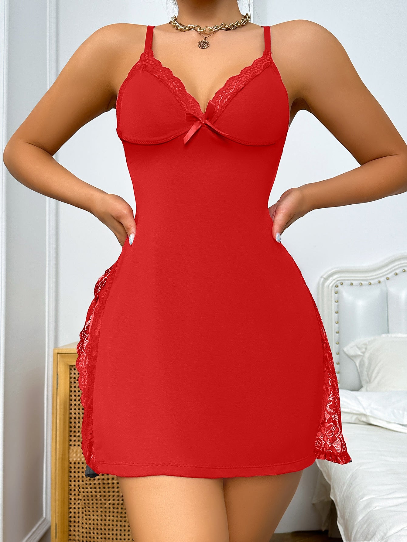 Women's Lace Bow Decorated Split Nightdress, Sexy Elegant Strap Loungewear, S-XXL