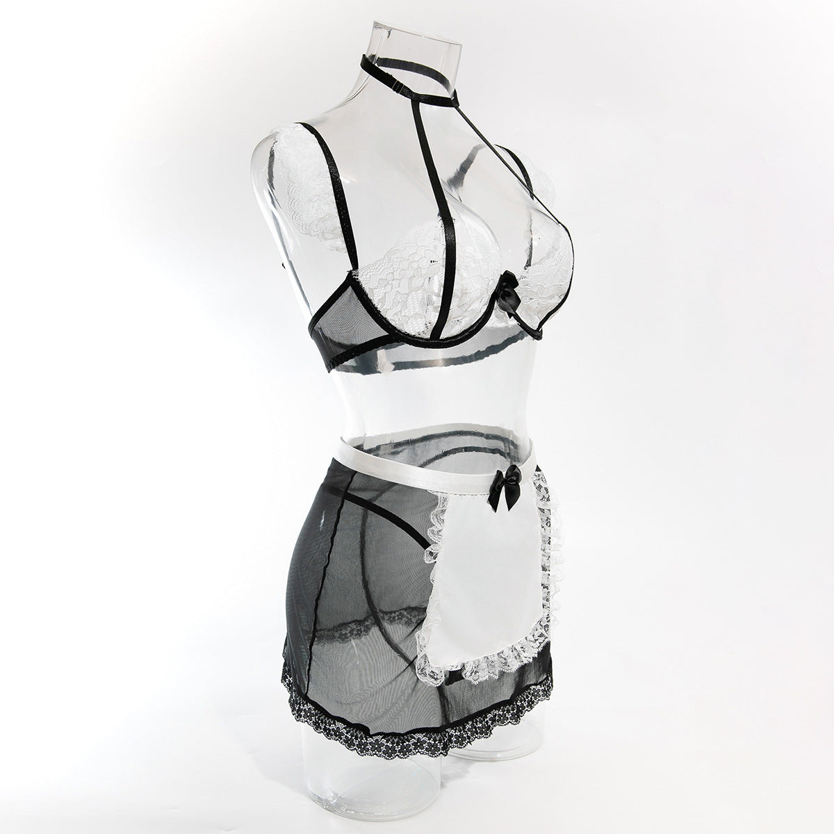 Sexy See-through Erotic Lingerie, Bow Halter Lace Contrast Color Cosplay Set, Maid Costume