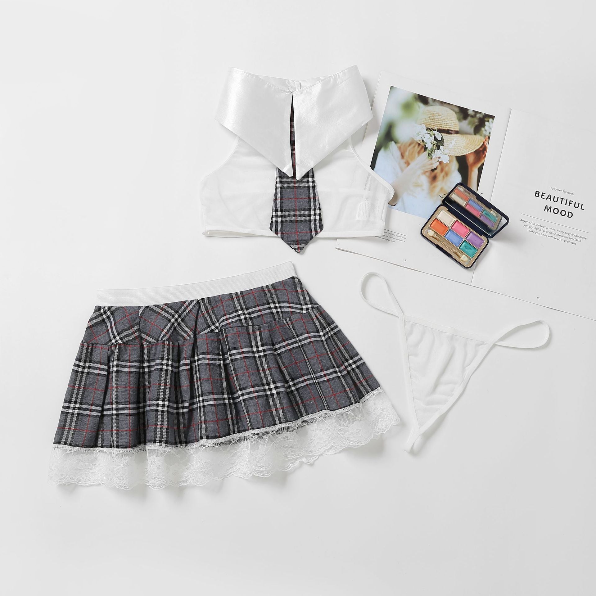 Women's Costume Sexy Lingerie Set Cosplay Top and Plaid Skirt Outfit