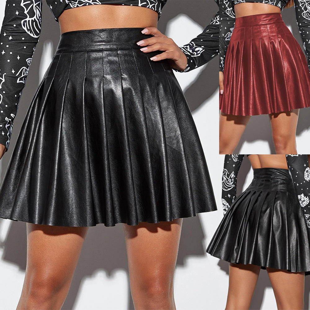 Women's Plus Size Faux Leather Mini Skirt, Sexy Knee-Length Pleated Skirt, Nightclub Hot Mini Skirt