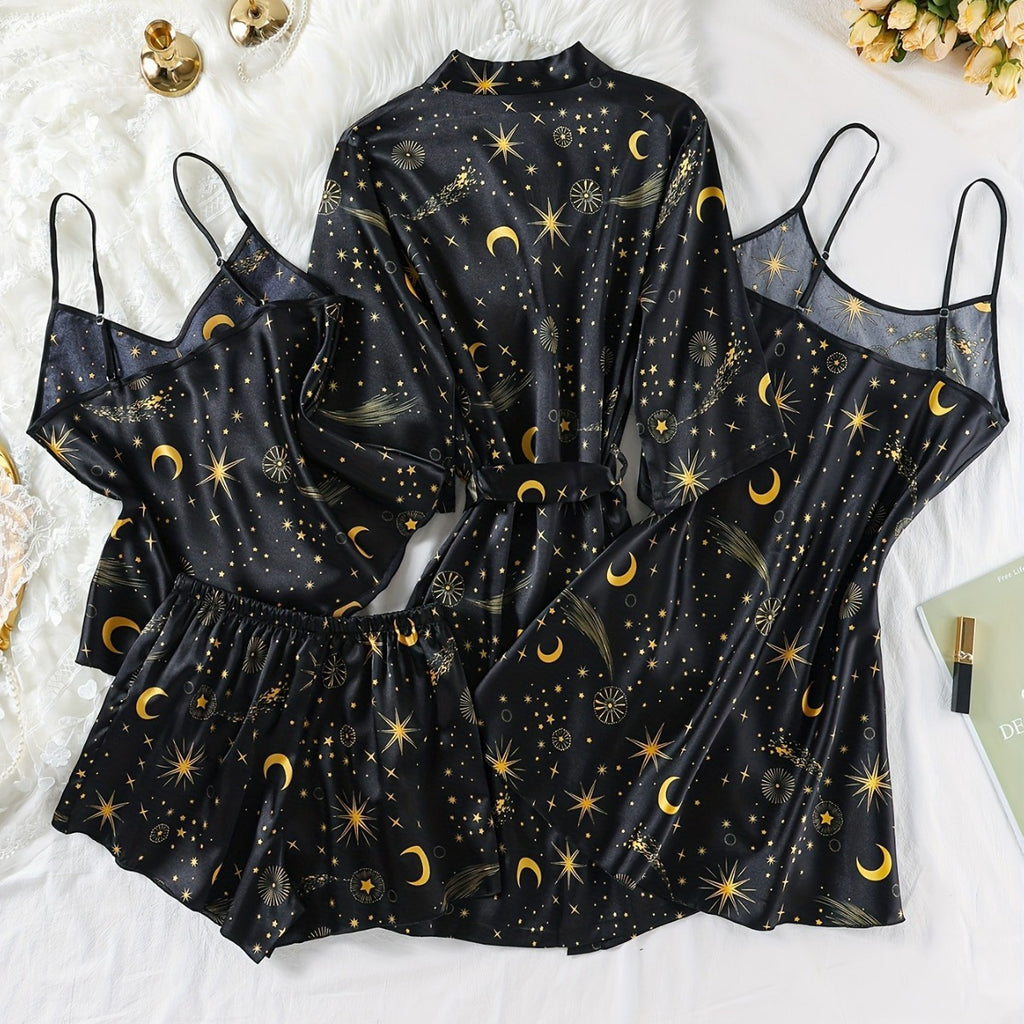 Wholesale European and American Style Imitation Silk Nightgown Black Homewear Four-Piece Set Fashionable Comfortable Lace Trim Pajama Set for Women
