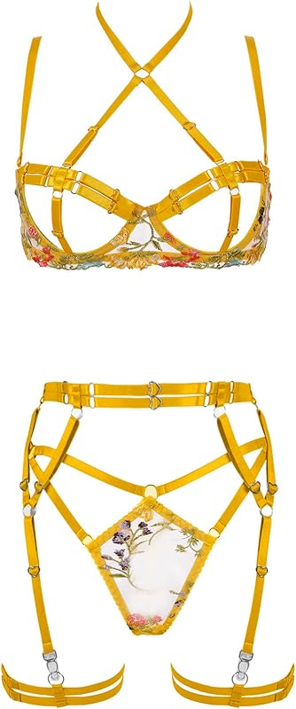 Women's Strappy 4-Piece Lingerie Set Punk Body Harness Garter Belts Gothic Festival Wear bras