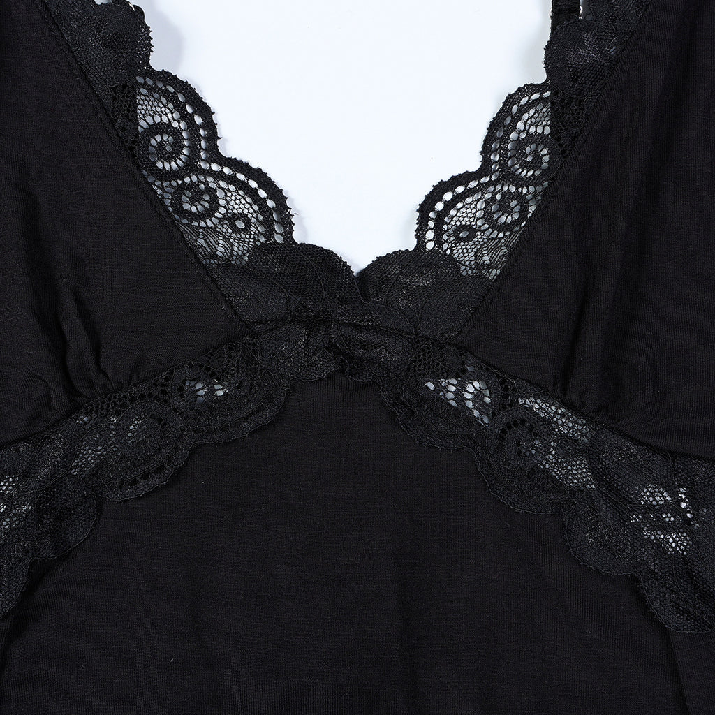 Black Lace Patchwork Modal Cotton High Slit Sexy Strap Nightdress Two-Piece Set, Loungewear