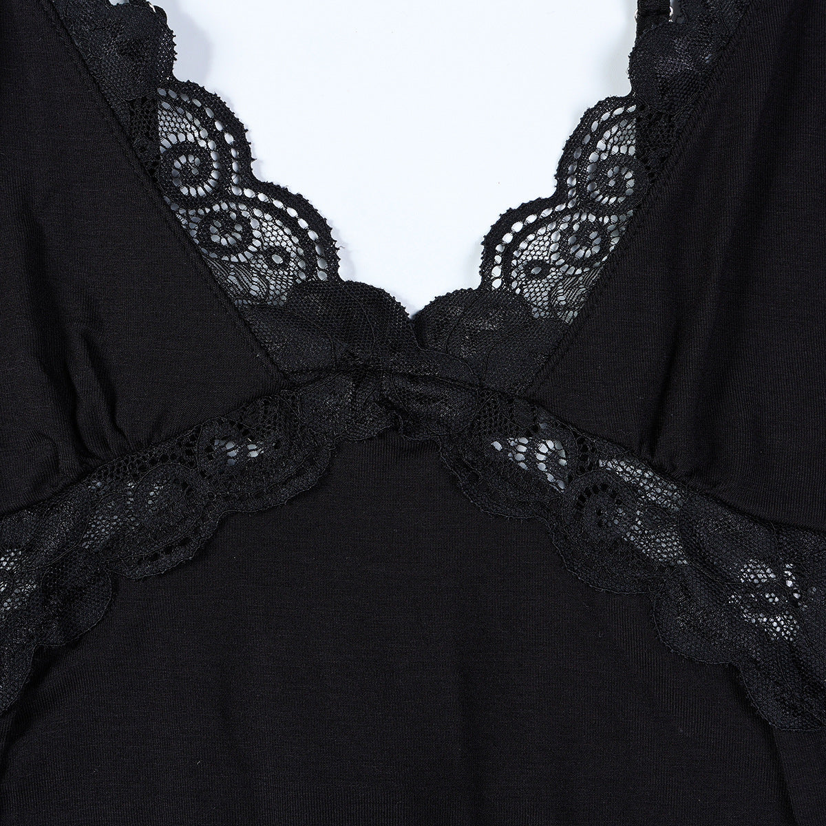 Black Lace Patchwork Modal Cotton High Slit Sexy Strap Nightdress Two-Piece Set, Loungewear