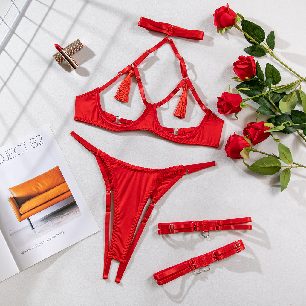 Women's Sexy Hollow Out Chest-Exposing Tassel Lingerie Set, Tempting Halter Neck Open-Crotch Lingerie