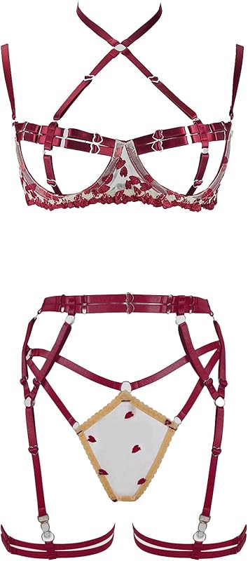 Women's Strappy 4-Piece Lingerie Set Punk Body Harness Garter Belts Gothic Festival Wear bras
