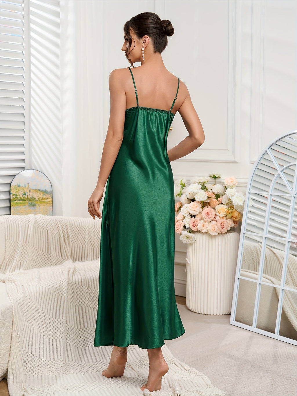 Women's Solid Color Artificial Silk Camisole Nightdress, Backless Lace Suspender Maxi Dress, Elegant Sexy Home Wear