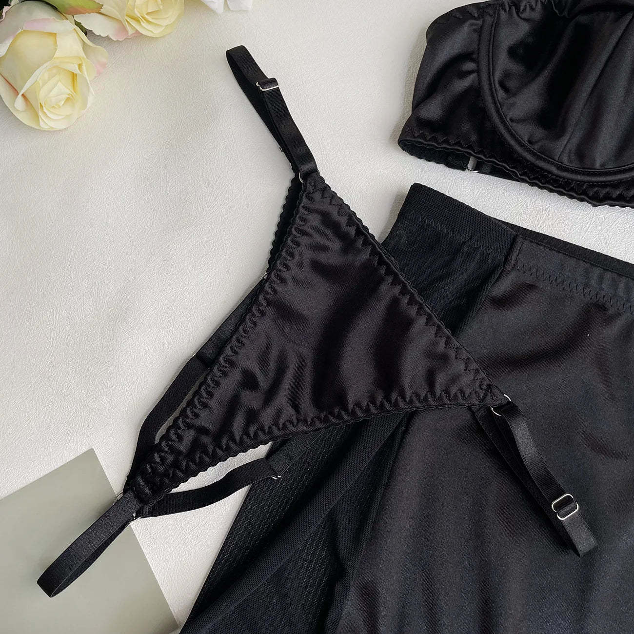 Women's Sexy Tassel  Satin Patchwork Mesh Bodycon Dress with Gloves Two-Piece Temptation Sexy Lingerie Set