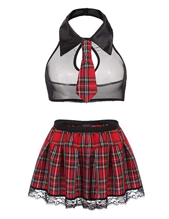 Women's Costume Sexy Lingerie Set Cosplay Top and Plaid Skirt Outfit