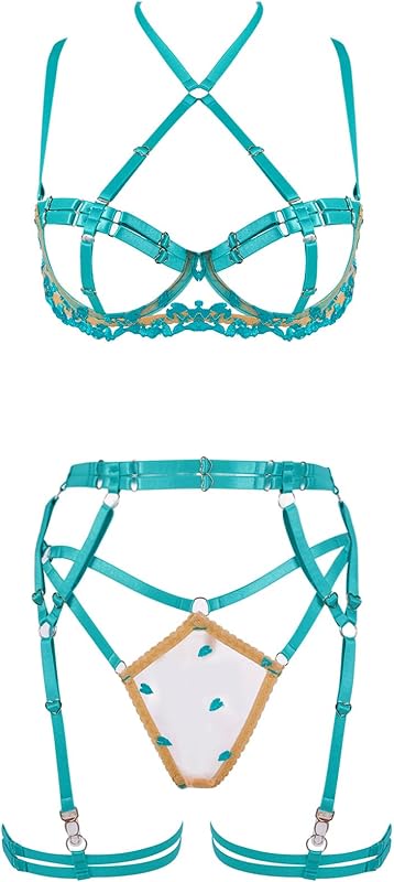 Women's Strappy 4-Piece Lingerie Set Punk Body Harness Garter Belts Gothic Festival Wear bras