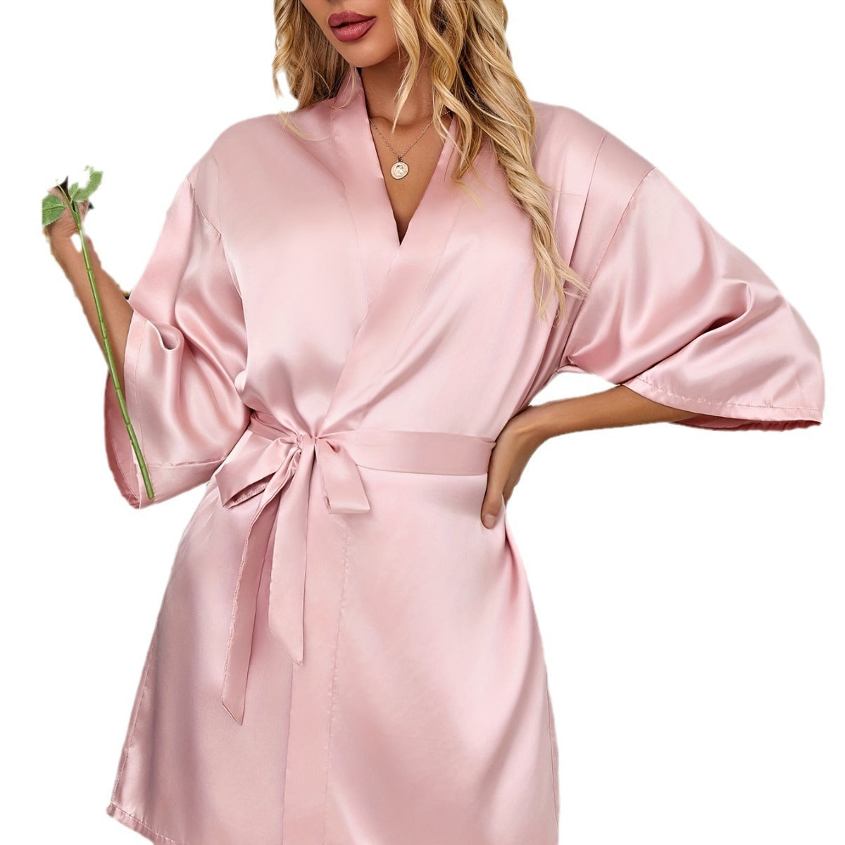 Women's Solid Color Sexy Comfortable Loungewear, Autumn Winter Half Sleeve Nightgown Bathrobe