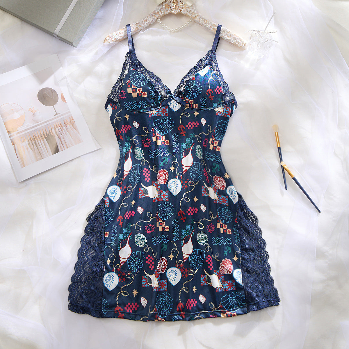 Women's Lace Bow Decorated Split Nightdress, Sexy Elegant Strap Loungewear, S-XXL